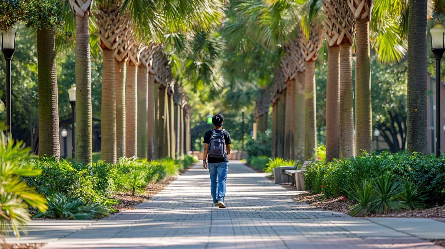 Florida College Student Walking on University Campus